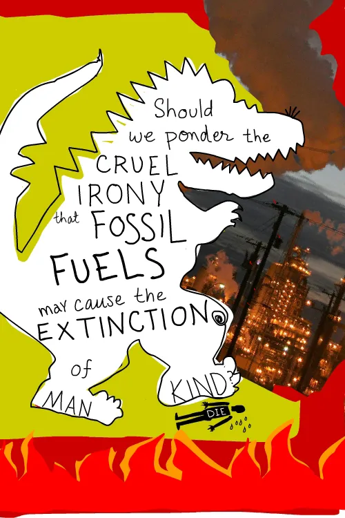 dinosaur drawing by Franke James with photo by Greenpeace of Tar Sands