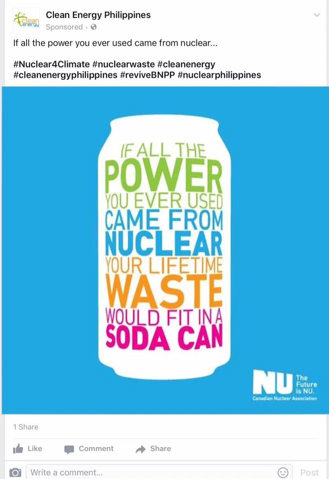 Screen capture of a paid Facebook promotion from Clean Energy Philippines.
