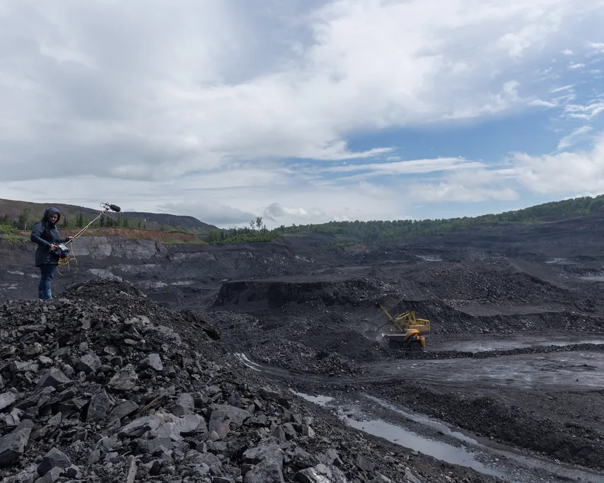 Sound editor Elena Petrosyan at the filming site in Kaltynsky coal strip mine, Kuzbass, May 2015 - Photo courtesy of John Webster