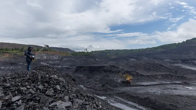Sound editor Elena Petrosyan at the filming site in Kaltynsky coal strip mine, Kuzbass, May 2015 - Photo courtesy of John Webster