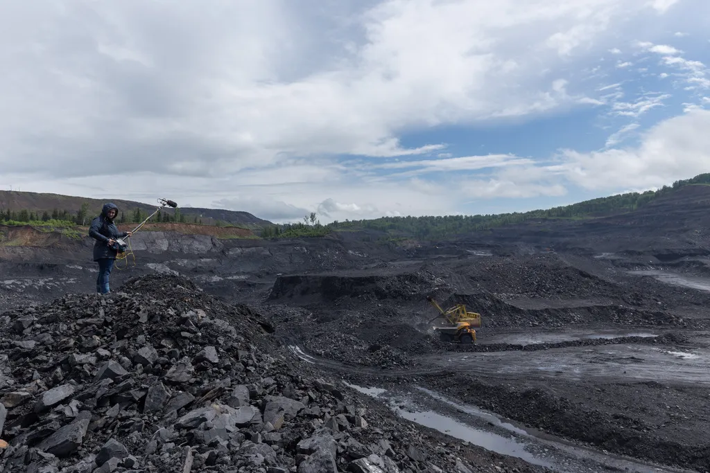 Sound editor Elena Petrosyan at the filming site in Kaltynsky coal strip mine, Kuzbass, May 2015 - Photo courtesy of John Webster