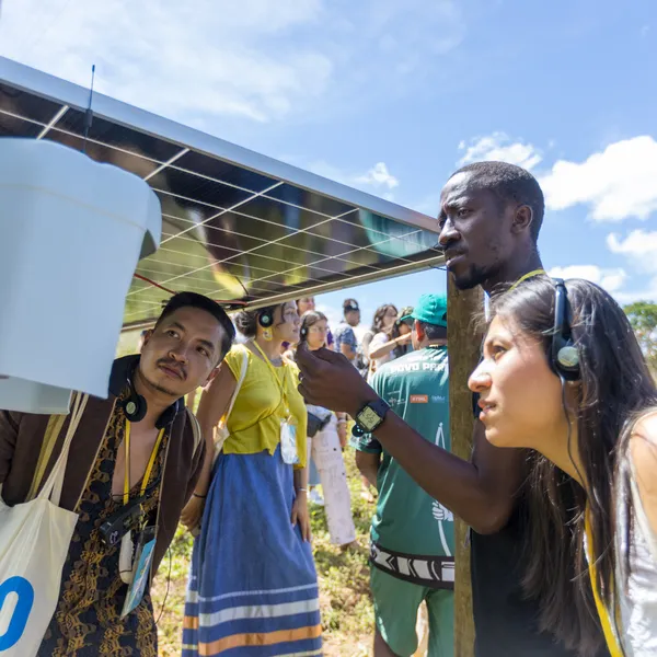Activists examine a solar panel display at an outdoor event.