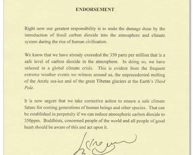 Dalai Lama's 350 Endorsement Letter