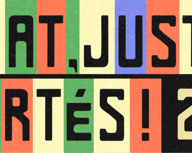 Bold typography spelling "CLIMAT, JUSTICE, LIBERTÉS! 28.09" in black letters over colorful vertical stripes of green, blue, orange, and cream backgrounds. A protest or activism-related graphic design.