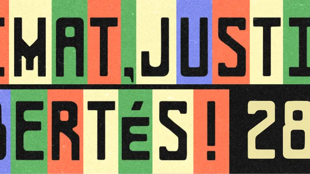 Bold typography spelling "CLIMAT, JUSTICE, LIBERTÉS! 28.09" in black letters over colorful vertical stripes of green, blue, orange, and cream backgrounds. A protest or activism-related graphic design.