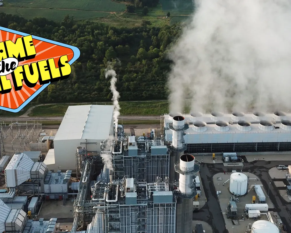 "Blame the Fossil Fuels" icon and power station image