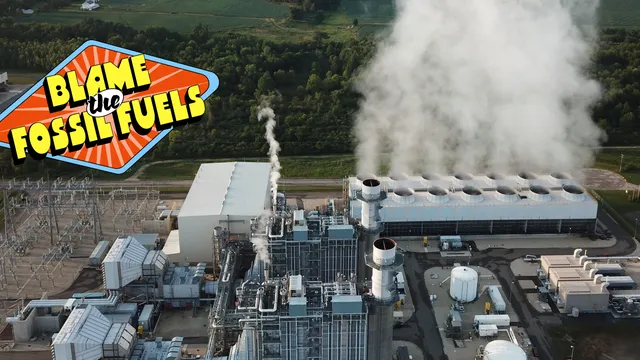 "Blame the Fossil Fuels" icon and power station image