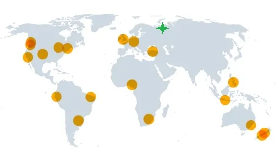 Orange - #BreakFree2016 actions. Green cross marks Komi region