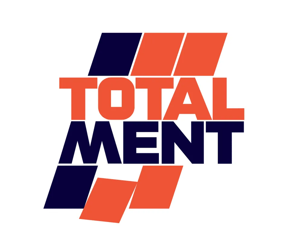 Bold modern logo featuring "TOTALMENT" text in orange and navy blue, with diagonal geometric stripes above and below creating a dynamic, sporty design on white background.