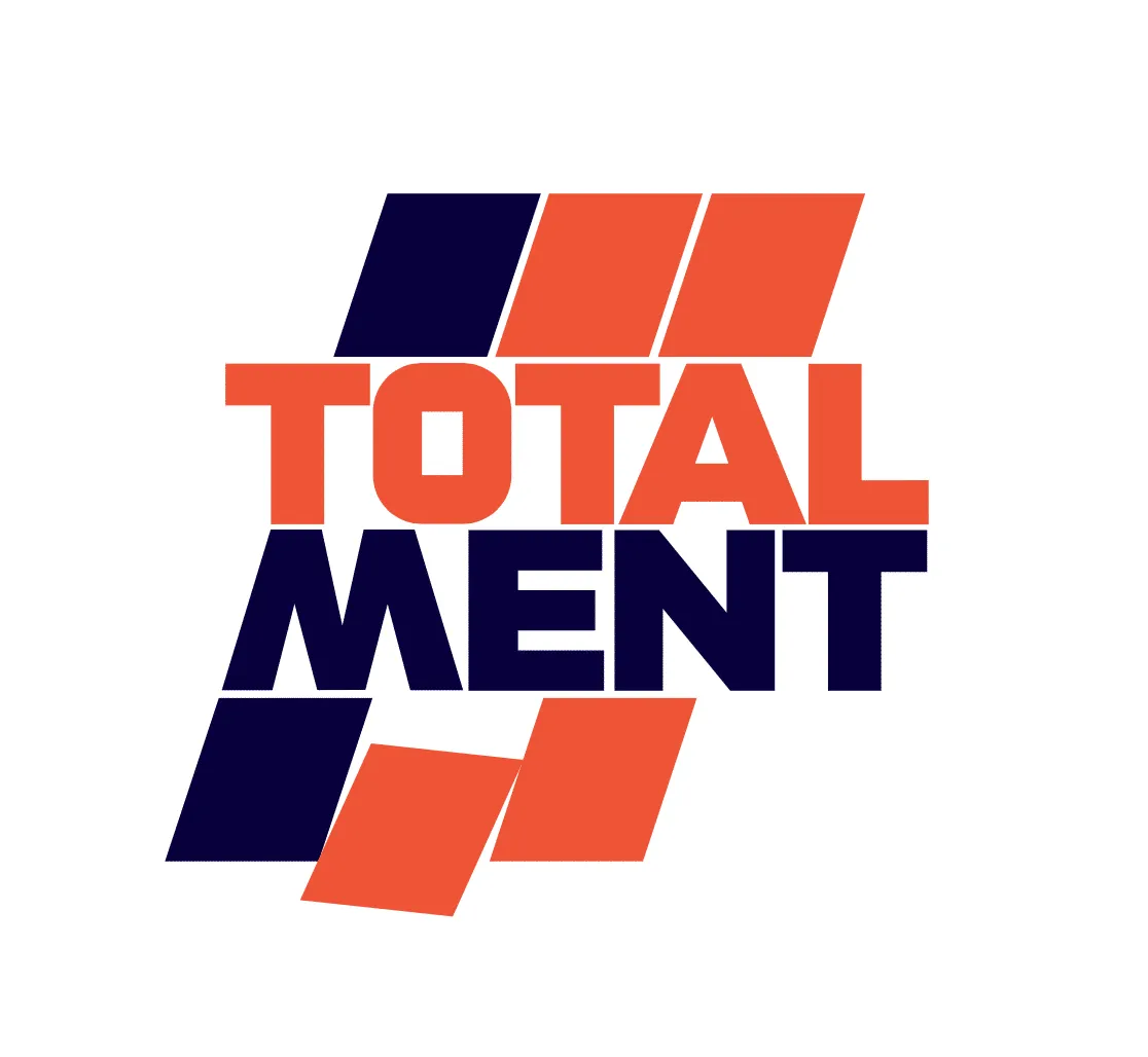 Bold modern logo featuring "TOTALMENT" text in orange and navy blue, with diagonal geometric stripes above and below creating a dynamic, sporty design on white background.