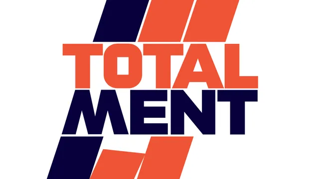 Bold modern logo featuring "TOTALMENT" text in orange and navy blue, with diagonal geometric stripes above and below creating a dynamic, sporty design on white background.