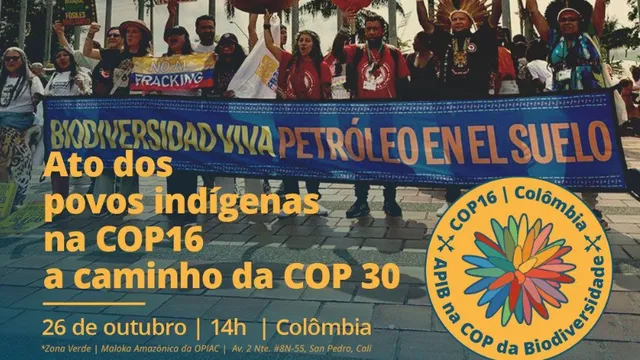 Protesters hold animal puppets and banner at climate demonstration. Banner reads "BIODIVERSIDAD Y VIDA PETROLEO EN EL SUELO" advocating for indigenous peoples at COP16 biodiversity conference in Colombia.