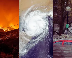 trio of pictures depicting a wildfire, a storm and a red car in floods, all bieng examples of climate impacts