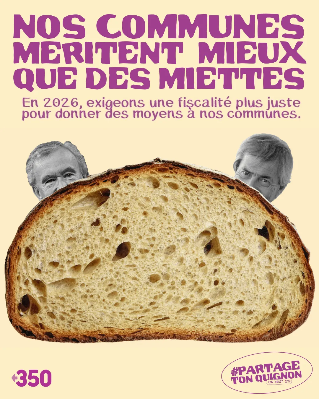 French political poster advocating for better funding of communes in 2026, featuring a large slice of bread with two faces peering behind it. Purple text on beige background with "#PARTAGE TON OIGNON" hashtag.