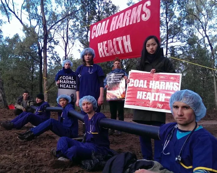 Dr Harry Jennens (in the foreground), with the "Medics Against Coal" taking direct action to stop the Maules Creek coal mine in Australia.