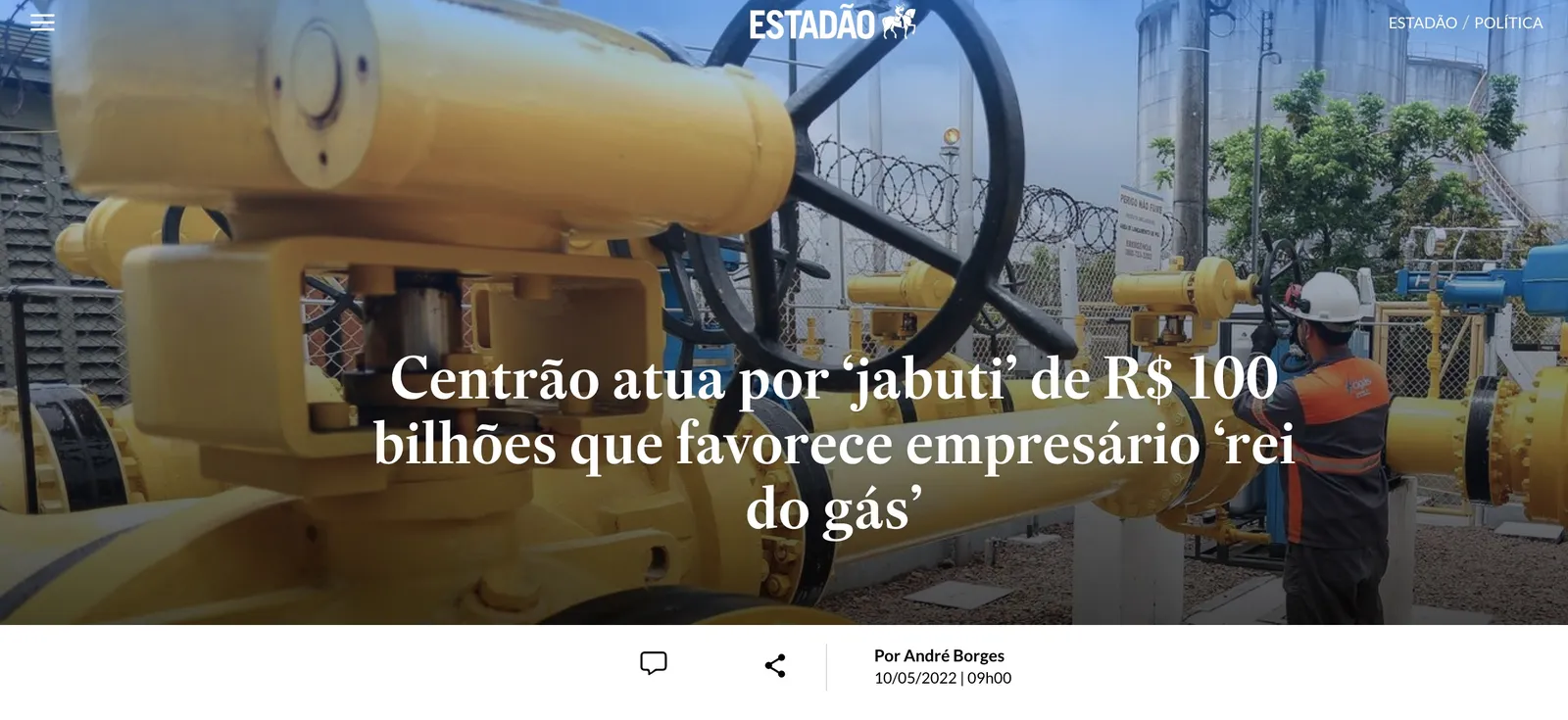 Worker in safety gear inspects yellow industrial gas pipeline equipment at facility, related to R$100 billion fraud case benefiting gas industry businessman.