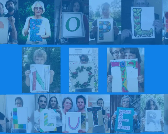 Pictures of people holding up signs with individual letters, together forming the message "People not polluters"