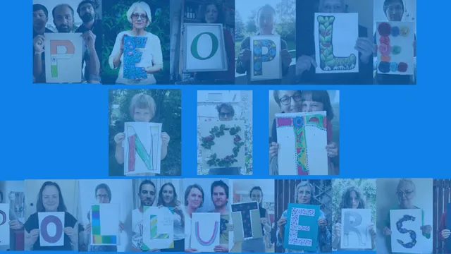 Pictures of people holding up signs with individual letters, together forming the message "People not polluters"
