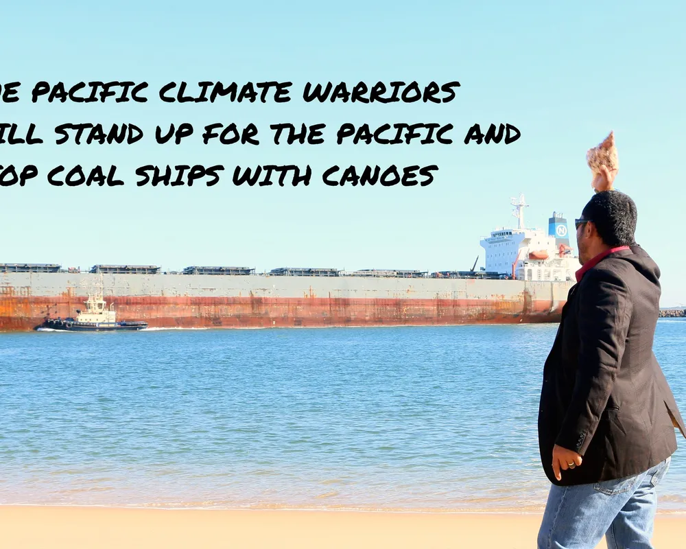 Mika looks on, armed with his conch shell, as coal ships travel in and out of the Port of Newcastle