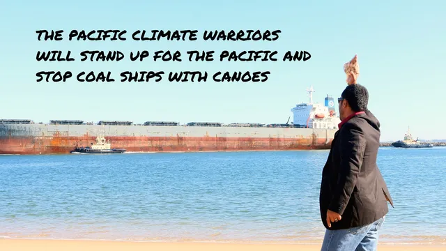 Mika looks on, armed with his conch shell, as coal ships travel in and out of the Port of Newcastle