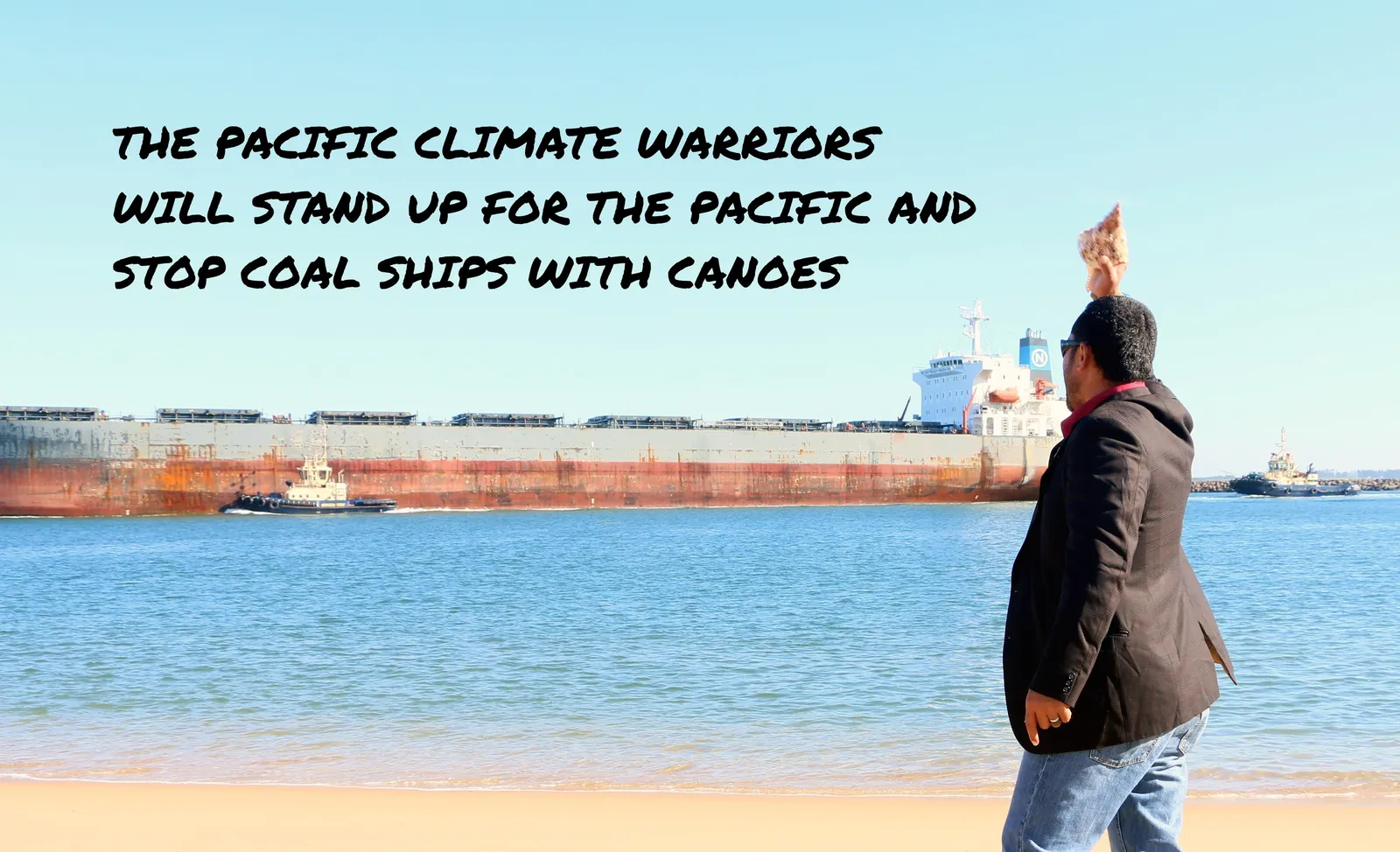 Mika looks on, armed with his conch shell, as coal ships travel in and out of the Port of Newcastle
