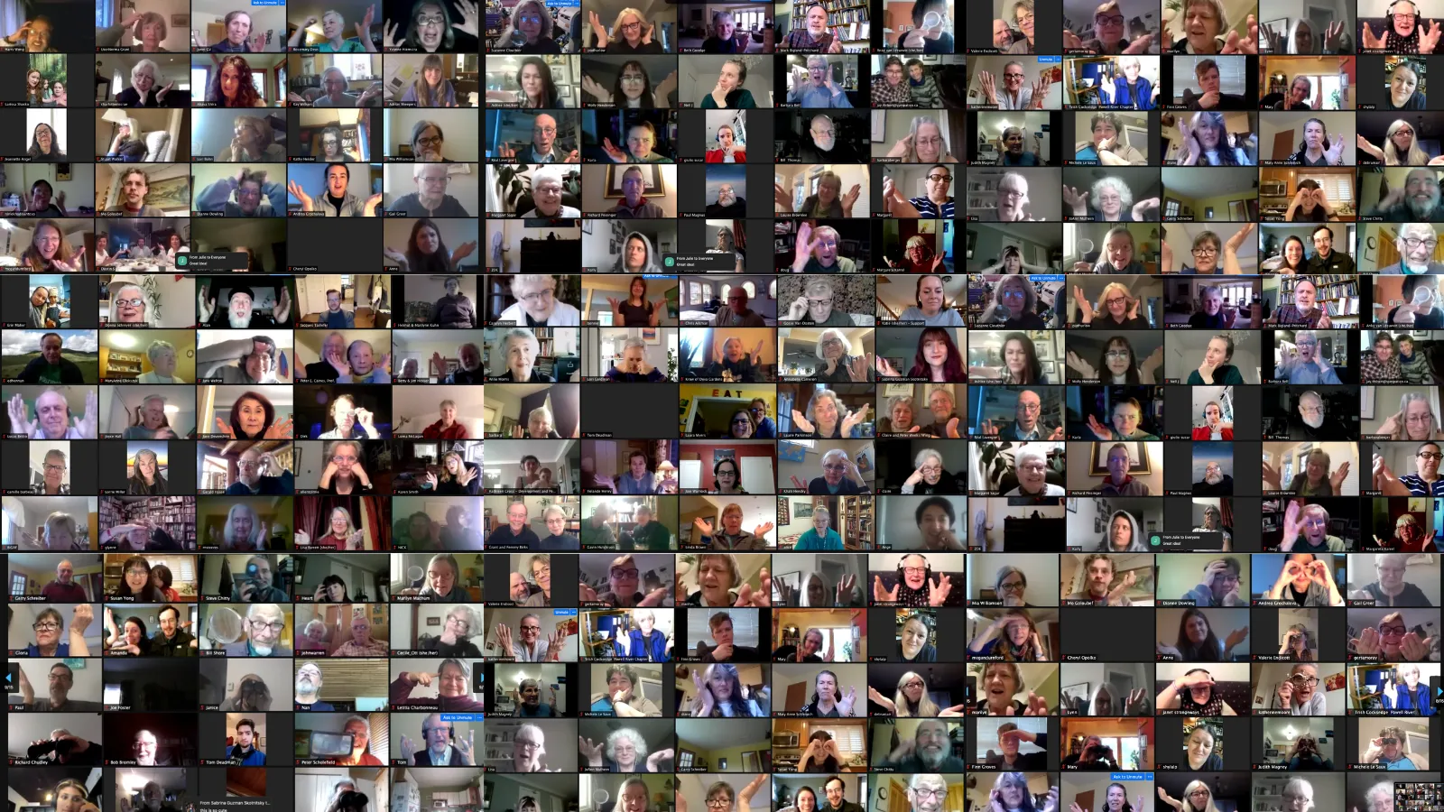 A grid of zoom screenshots from the Just Transition town hall. Participants are holding up their hands in mock confusion, some are holding magnifying glasses, pretending to look for the Just Transition Act.