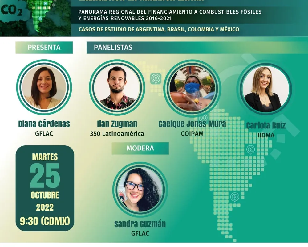 Event poster: "Revealing Banking's Role in Latin America's Energy Transition" webinar on Oct 25, 2022, featuring panelists Diana Cárdenas, Ilan Zugman, Cacique Jonas Murá, Carlota Ruiz, moderated by Sandra Guzmán.