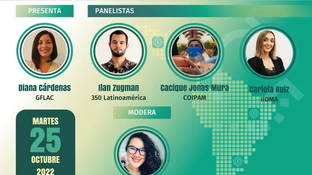 Event poster: "Revealing Banking's Role in Latin America's Energy Transition" webinar on Oct 25, 2022, featuring panelists Diana Cárdenas, Ilan Zugman, Cacique Jonas Murá, Carlota Ruiz, moderated by Sandra Guzmán.