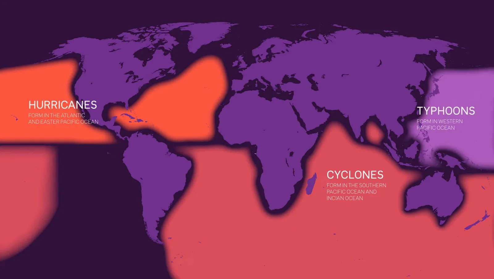 A map detailing different names for tropical cyclones in different parts of the world