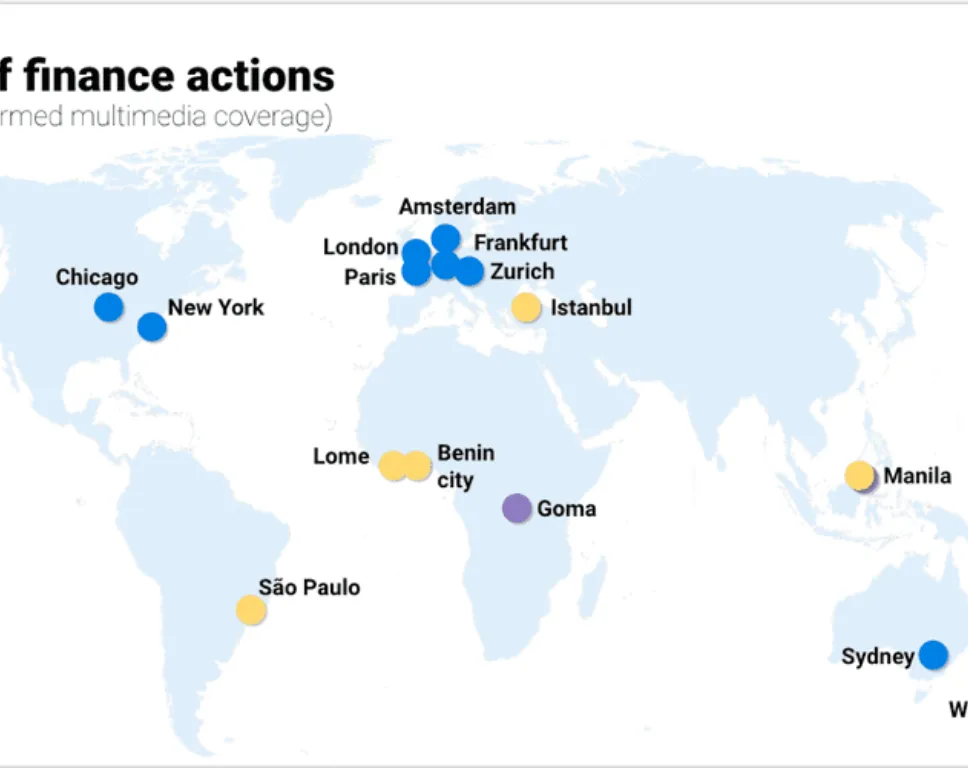 A world map showing finance action locations with confirmed multimedia coverage. Blue dots mark Oct. 29 events in major cities, yellow dots show Nov. 5 actions, and purple dots indicate Nov. 6 activities across continents.