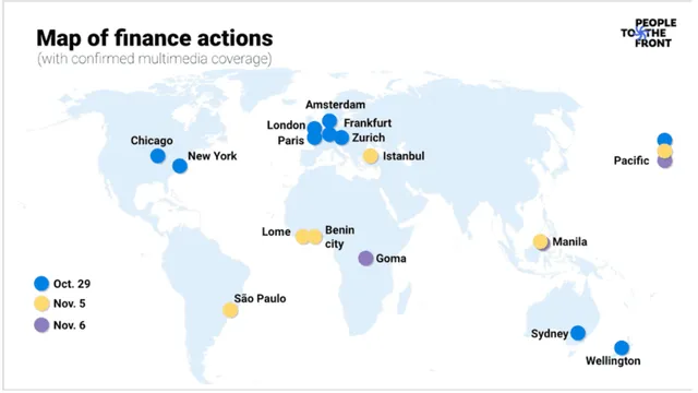 A world map showing finance action locations with confirmed multimedia coverage. Blue dots mark Oct. 29 events in major cities, yellow dots show Nov. 5 actions, and purple dots indicate Nov. 6 activities across continents.
