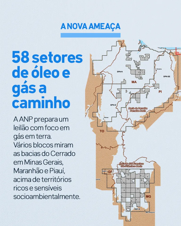 Mapa dos blocos disponíveis para leilão no Cerrado