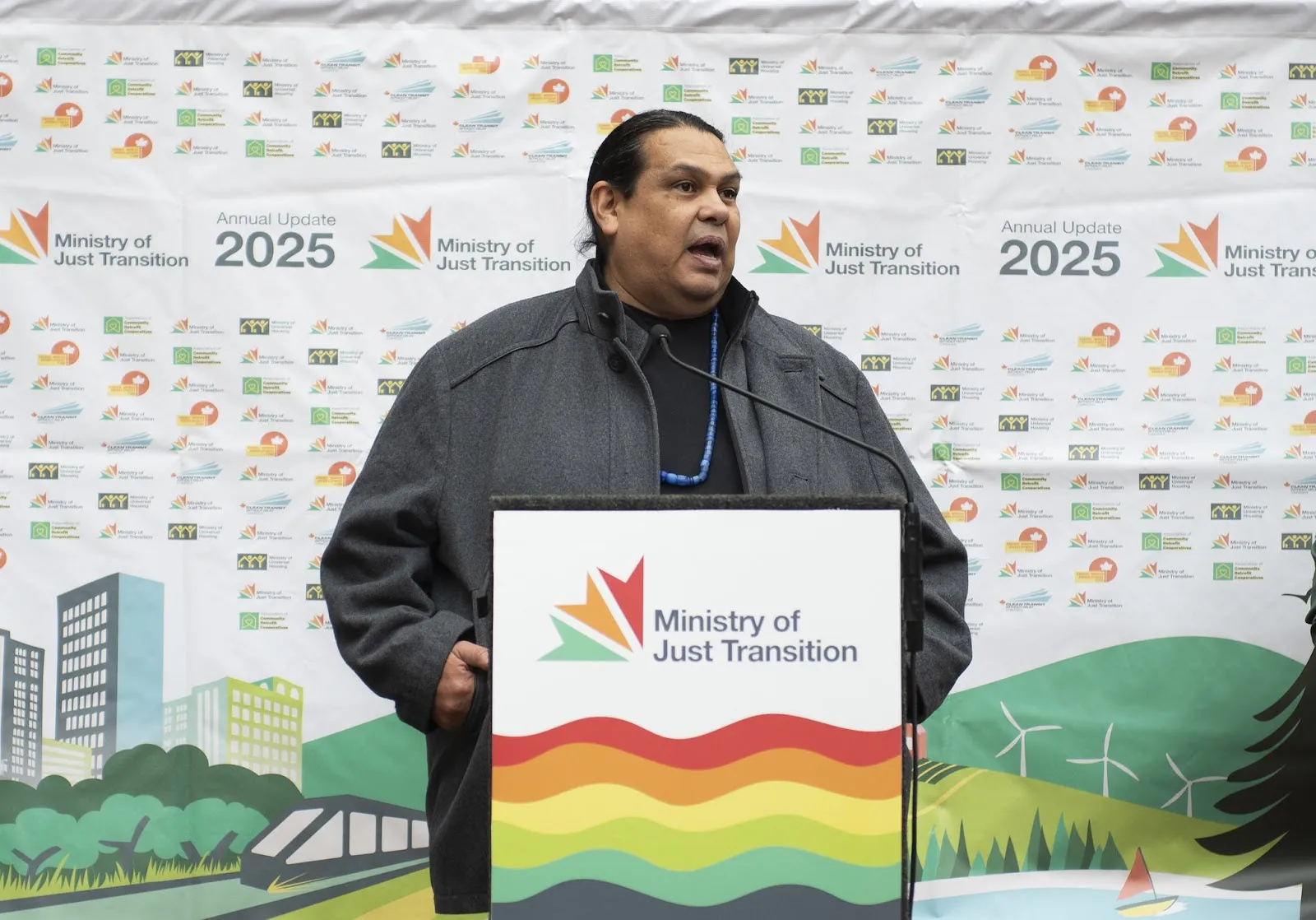 Rueben George from Tsleil Waututh Nation offers opening remarks at a “Press Conference from the Future” in Vancouver during the Day of Action for a Just Transition.