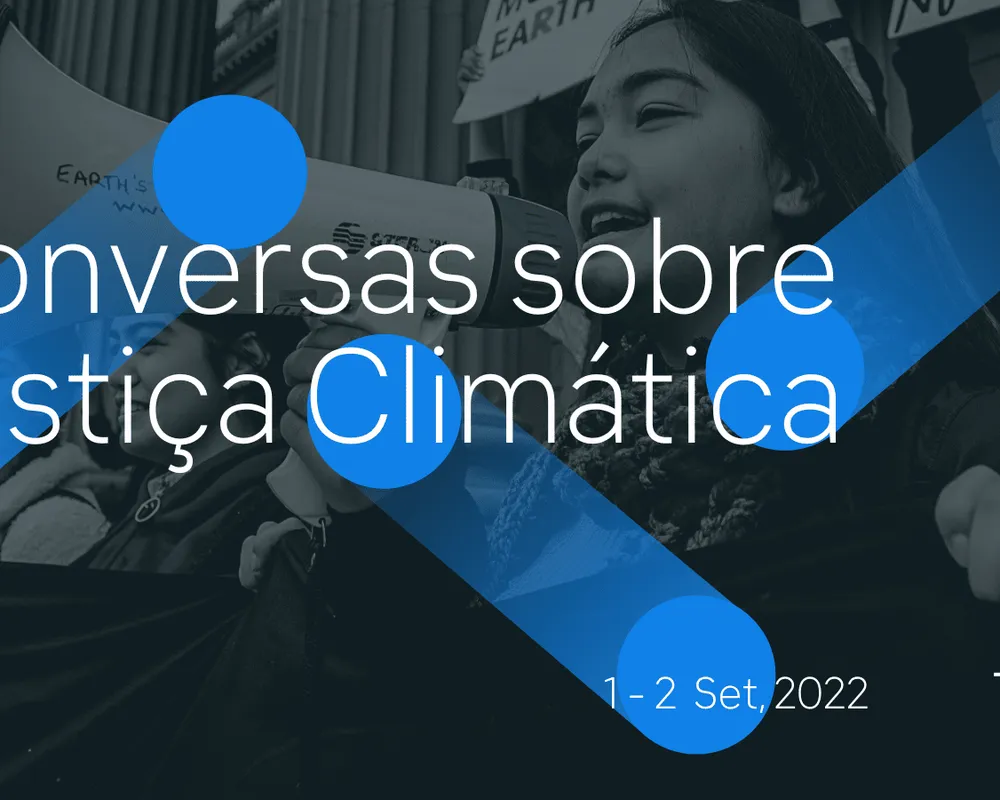 Climate justice training event promotional image showing activists at a protest. Features Portuguese text "Conversas sobre Justiça Climática" (Conversations about Climate Justice) with blue graphic elements, dated Sept 1-2, 2022.