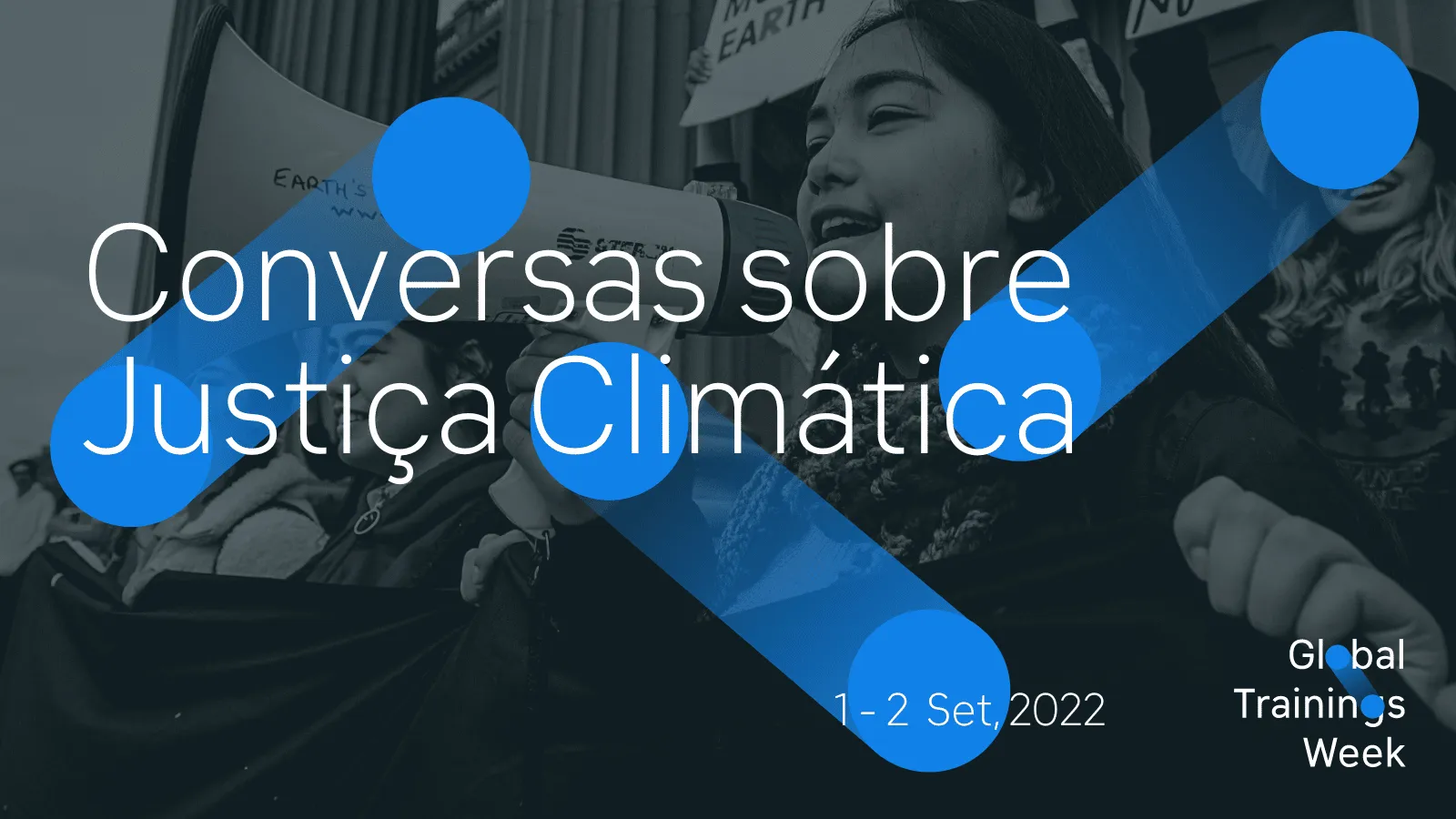 Climate justice training event promotional image showing activists at a protest. Features Portuguese text "Conversas sobre Justiça Climática" (Conversations about Climate Justice) with blue graphic elements, dated Sept 1-2, 2022.