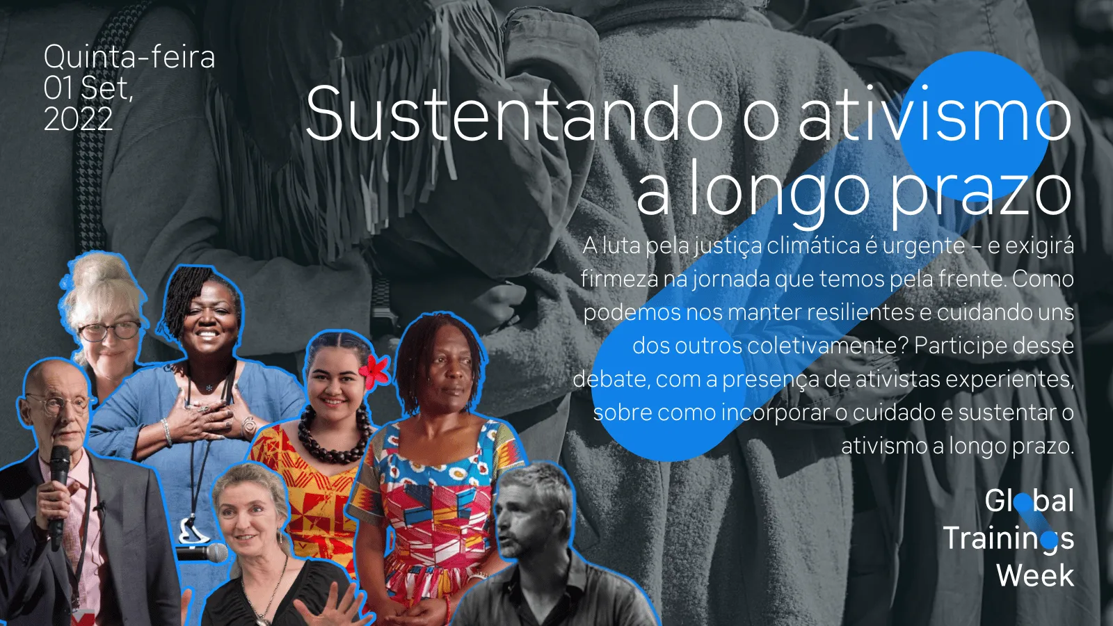 Event poster for Global Trainings Week on September 1, 2022, featuring diverse activists and Portuguese text about sustaining long-term climate justice activism and collective care.