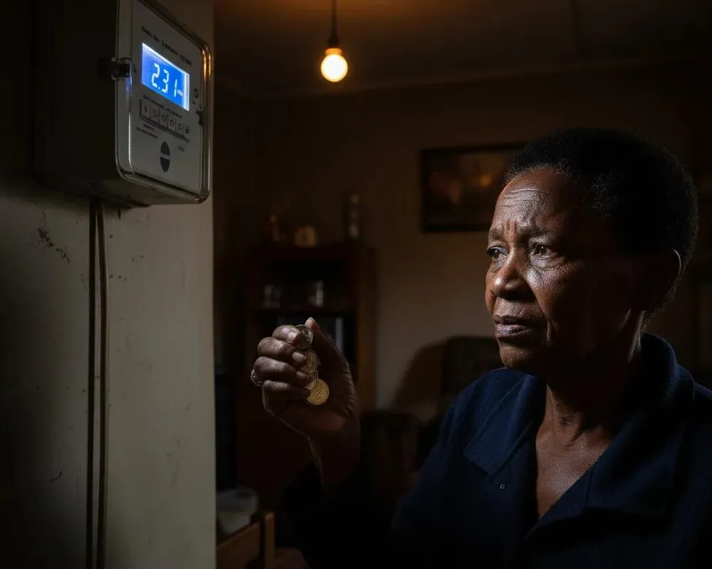 An elderly woman in a dark blue shirt examines a digital electricity meter displaying "23.1" on her wall, illuminated by a single hanging light bulb in a dimly lit room.