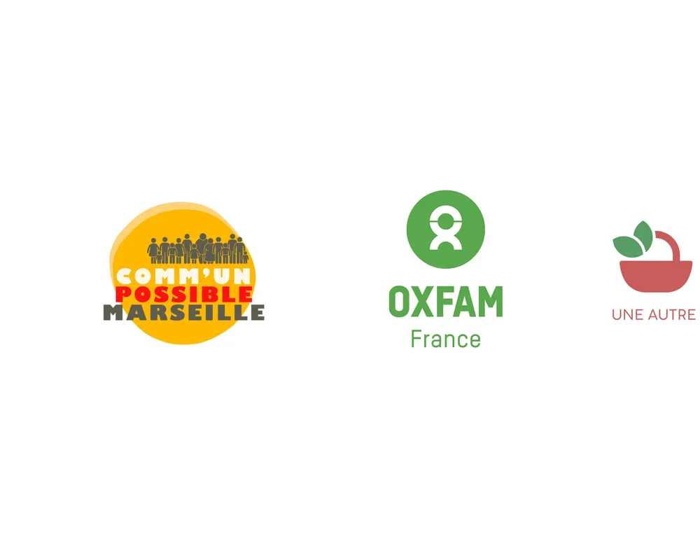 A banner showing four organizational logos: 350 in blue, Alternatiba Marseille with a sunset design, Oxfam France in green, and Les Paniers Marseillais with a basket icon and text about alternative economy.