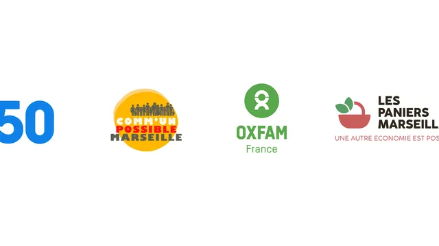 A banner showing four organizational logos: 350 in blue, Alternatiba Marseille with a sunset design, Oxfam France in green, and Les Paniers Marseillais with a basket icon and text about alternative economy.