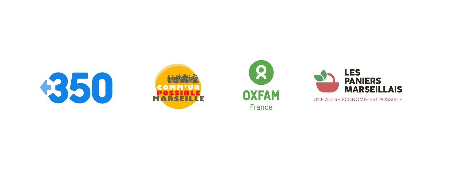 A banner showing four organizational logos: 350 in blue, Alternatiba Marseille with a sunset design, Oxfam France in green, and Les Paniers Marseillais with a basket icon and text about alternative economy.