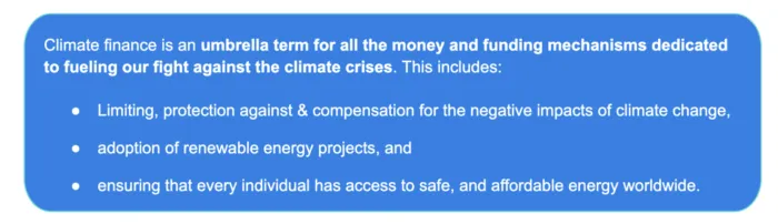Climate finance encompasses funding for fighting climate crisis, including limiting/compensating climate impacts, adopting renewable energy, and ensuring worldwide access to safe, affordable energy.