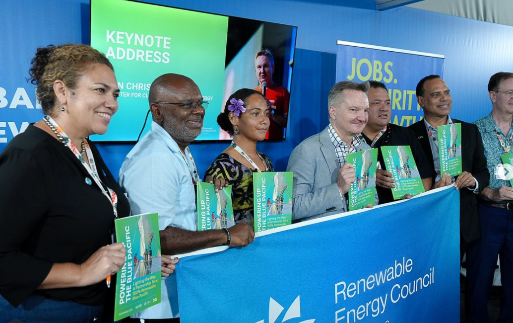350 Communications Manager & Pacific Climate Warrior, Drue Slatter (third from the left) launched the Powering Up the Blue Pacific report alongside the Prime Minister of Tuvalu and the Climate Change Ministers of Vanuatu, Tuvalu, and Australia at COP30, in Belém, Brazil. Photo: 350.org