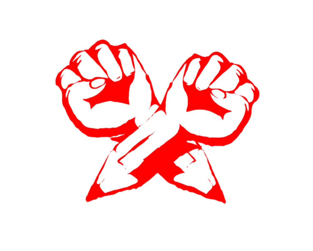 two crossed fists where the ends are pencils