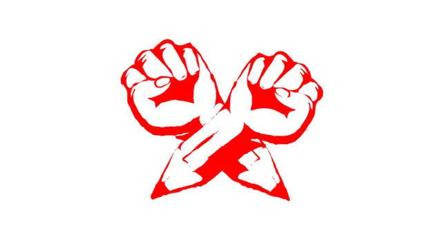 two crossed fists where the ends are pencils