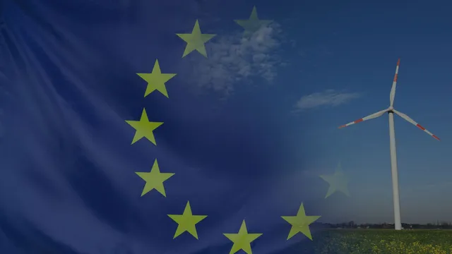 EU flag superimposed over a picture of a wind turbine