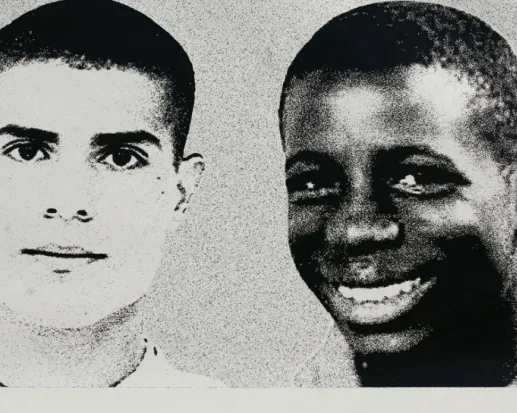 TO GO WITH AFP STORY BY EVE SZEFTEL (FILES) - A picture taken on November 4, 2006 in Clichy-sous-Bois, northern Paris, shows a giant picture of Zyed (L) and Bouna, the two teenagers whose death led France in 2005 to a nationwide wave of riots, on the side