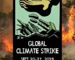 Global Climate Strike poster from Sept 20-27, 2019, featuring raised fists in protest against a dramatic sky background. The image uses bold graphics to promote environmental activism and climate action.
