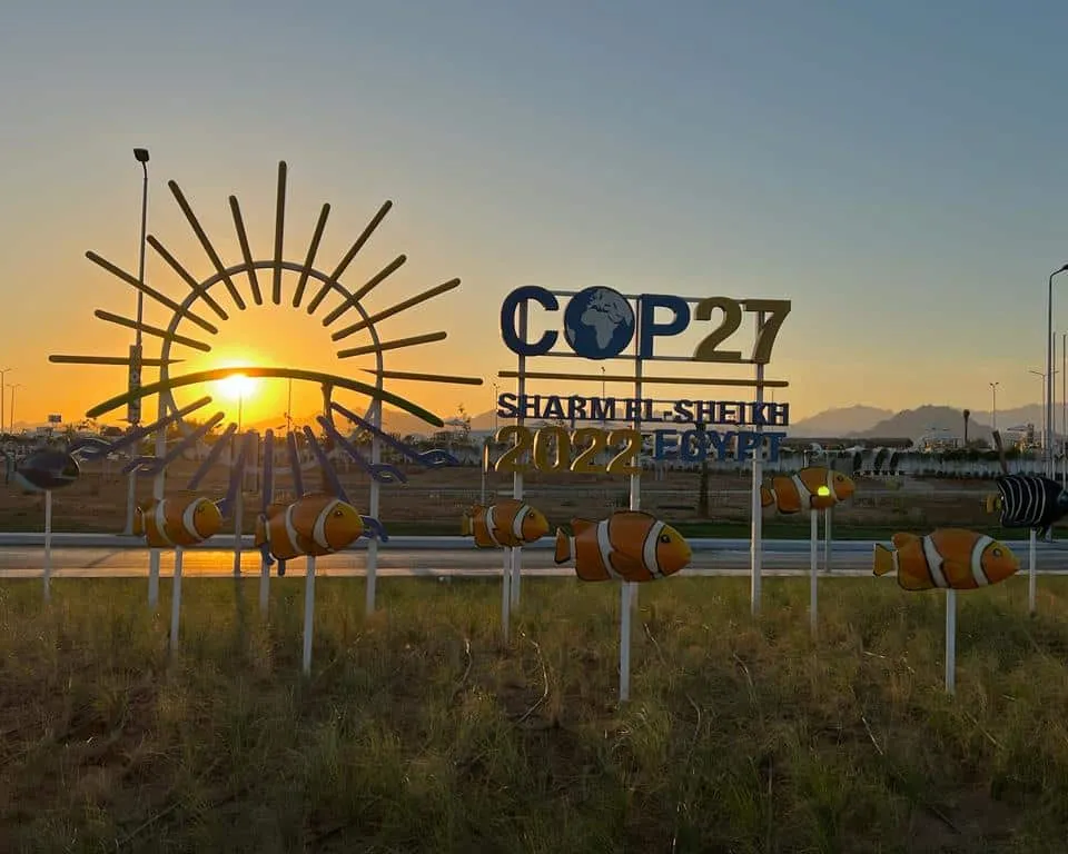 COP27 climate summit entrance in Sharm El-Sheikh, Egypt at sunset. Decorative sun sculpture and fish installations line the road, with conference signage prominently displayed against a golden sky and mountains in the background.