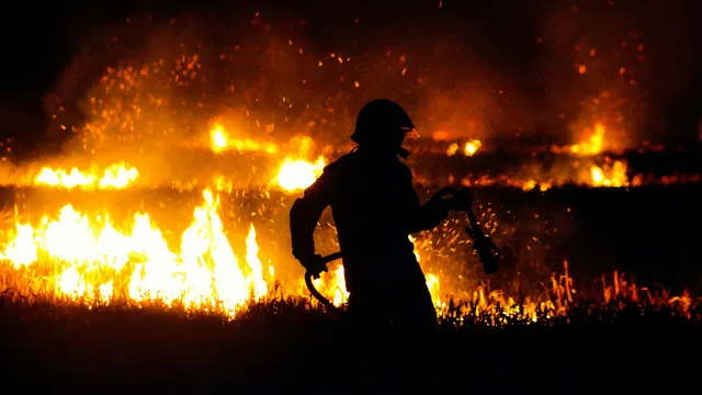Silhouette of a firefighter battling intense wildfire flames at night.