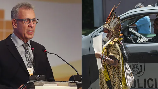 Durante o leilão de petróleo, Bento Albuquerque discursava enquanto indígena estava na mira dos policiais ao lado de fora pedindo para que não leiloassem a Amazônia